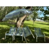 Image 1 : Set of 4 Lawn Chairs and Matching Umbrella - Each Chair is 25W, 27D, 33T, The Umbrella is 73W, 77T