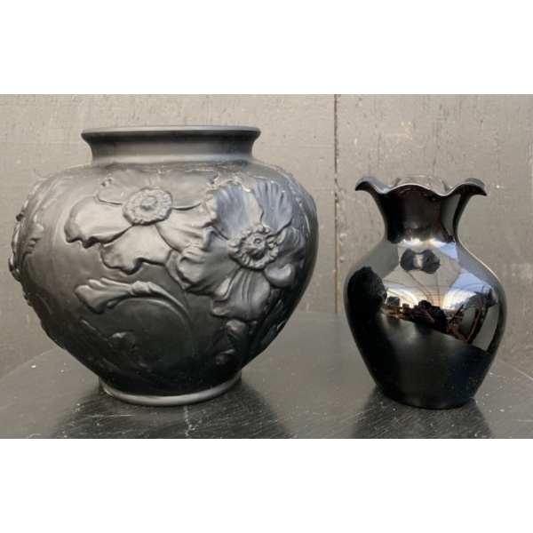 Tiffin Black Amethyst Satin Glass Vase & Amethyst Glass Bud Vase 