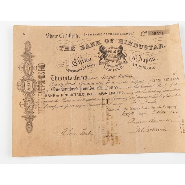 Share Certificate For A Single Share In The Bank Of Hindustan, China & Japan Limited, Issued In 1864