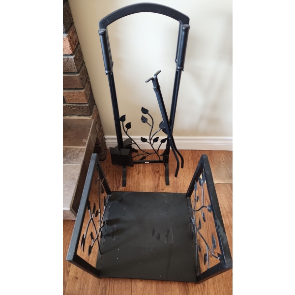 Black Metal Fireplace Tools, Includes Leaf Design Log Holder