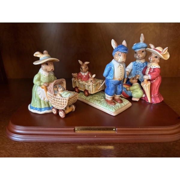 Royal Doulton Bunny Figurine Collection on Base  (Ear Damage on One But Incl.) 