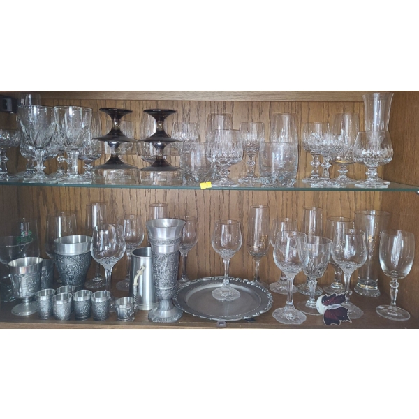 Barware Contents of Cupboard Incl: Some Crystal Glasses, Pewter Vessels and Other Glassware 