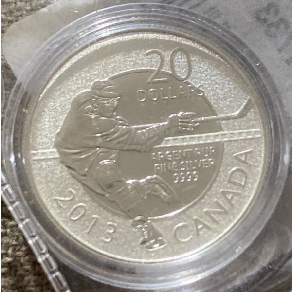  2013 Canada $20 Fine Silver Coin Featuring a Hockey Player 7.96 Grams 99.99% Silver