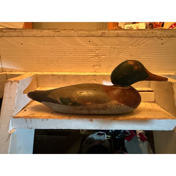 Vintage Antique Rare hand-carved wooden duck decoy, mallard drake, with a worn, hand-painted finish.