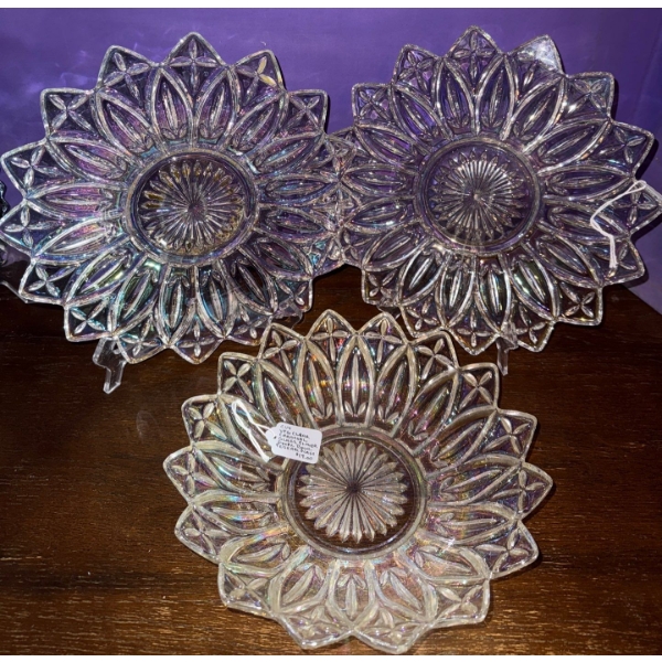 Trio of Federal Glass Petal Celestial Serving Dishes/Bowl- Clear Iridescent (12"tallx3)