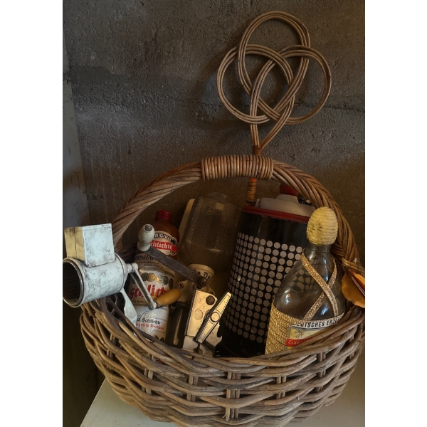 Basket Full Of Vintage Kitchen Utensils & Bottles