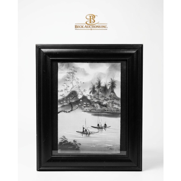 Vintage Framed Vietnamese Black & White Painting On Silk, A Tranquil Landscape Scene With Boats.