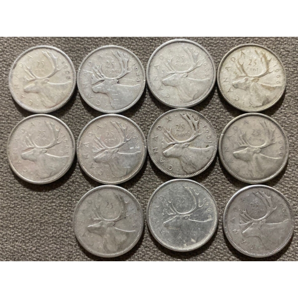 Canadian 25-cent Pieces 80% Silver 64.13 Grams