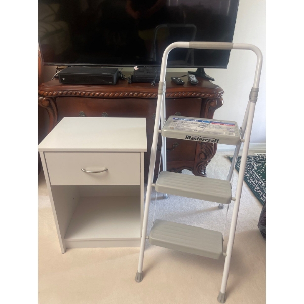 Mastercraft Three Step Step Stool & Small White End Table w/Drawer 16"x13"x24"tall