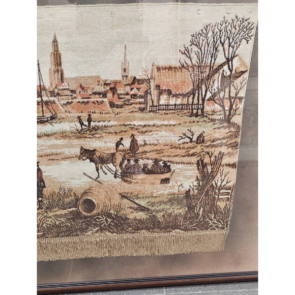 Woven Wall Art of 17th-Century Winter Scene in Ornate Frame