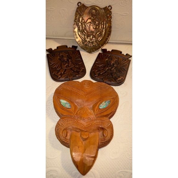 New Zealand "Maori" Wood Mask Carved Souvenir Head & Coat of Arms Imperial Crests & More