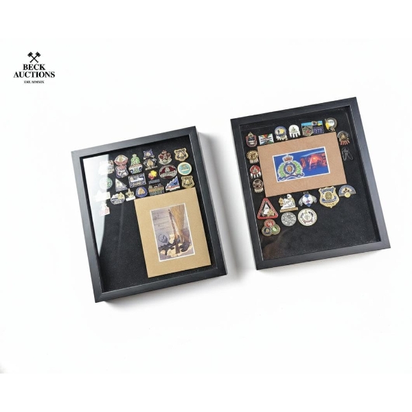 Shadow Boxes Displaying RCMP Pins and Visual Imagery