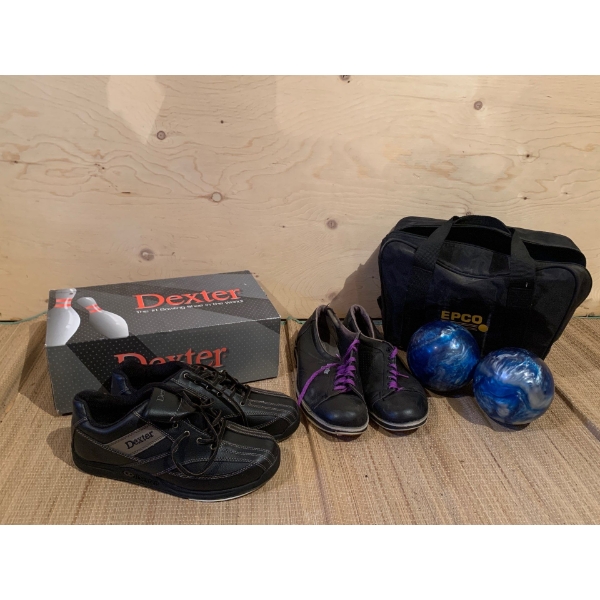 Lot Of  Vintage And New in Box Bowling Shoes Size 9.5, Two Bowling Balls Made in Switzerland