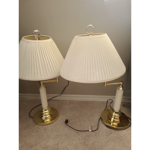 Pair of Brass Finish Lamps w/ Swing Arms and Beige Pleated Shades 8" Diameter Base, 27 T