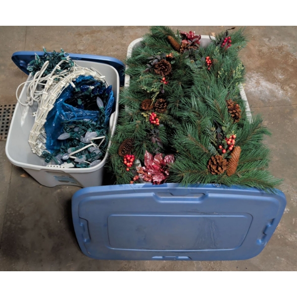 2 Totes Jam Packed w/ Outdoor Holiday Decor - Light Up Garland Winter Foilage & more