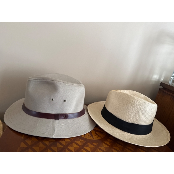 Two Men's Hats: Panama Straw Hat with Black Band and Cotton Safari Hat with Leather Band
