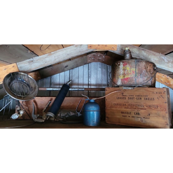 Antique Wood Crate Oil Canister Grease Gun & Propane Heater 
