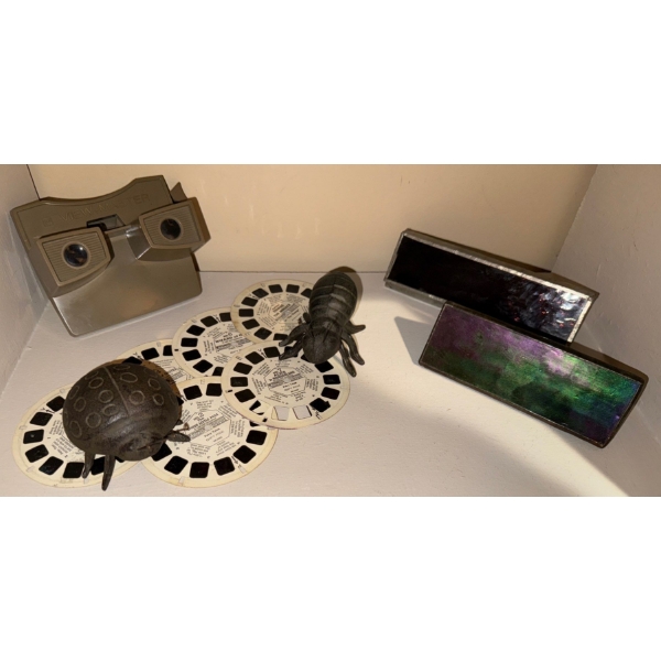 Cast Iron Bugs, Stained Glass Pieces, & Veiw-Finder w/ Discs