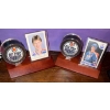 Image 1 : Two Regulation Sized Collectible Edm Oilers Hockey Pucks Mounted  w/Two Cards on Stand