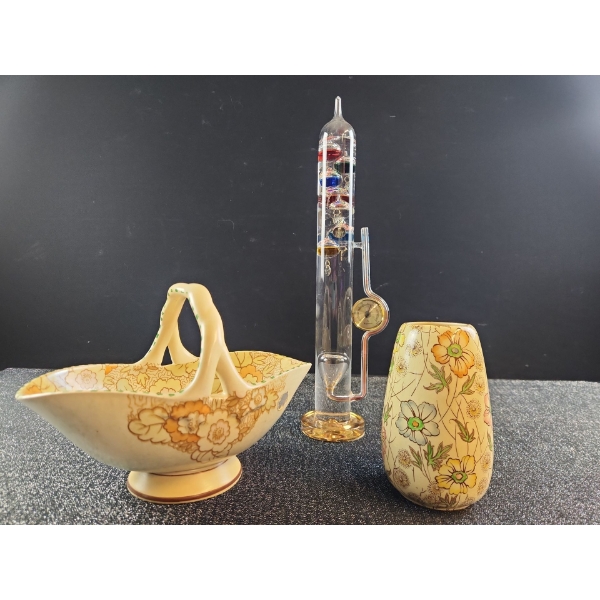 1930's Tuscan Decoro Pottery Basket, Royal Winton Vase and a Galileo Thermometer