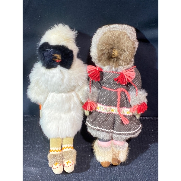 2 Inuit Hand Made Dolls with Fur & Beading Details 14"-16" T