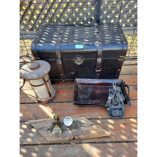  Vintage Steamer Trunk Genuine Leather, Electric Lamp, Metal Trays (2), Antique Glass Doorknobs and 