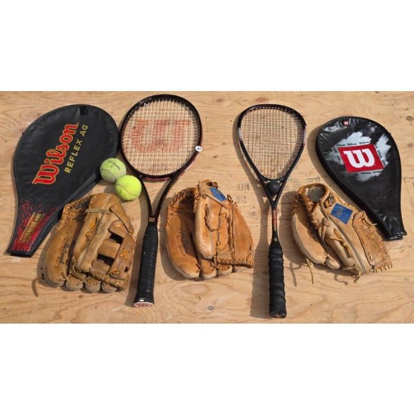 Tennis Rackets, Squash Racket, Baseball Gloves, and Accessories