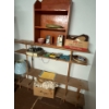 Image 5 :  four plastic shelves with all contents number of boxes of fabric blankets, leg boots, and a wooden 