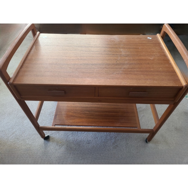 Teak Trolley Table w/ Drawers and 2 Shelves 31 W, 17 D, 27.5 T 