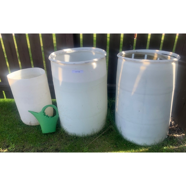 Pair of Large White Rain Barrels, Medium Rain Barrel & Green Watering CAN
