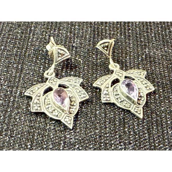 Sterling Silver Amethyst Marcasite Ear Rings 4.3g