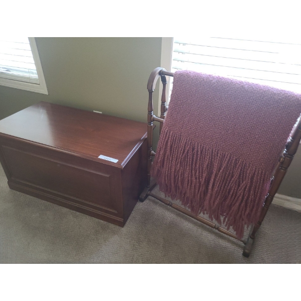 Wood Blanket Box 35 w 18 h with Wood Blanket Stand 27 1/2 w 32 h.  Contents Included