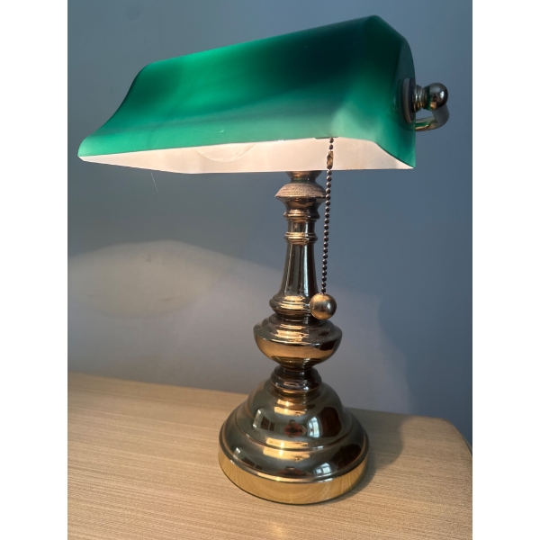 Brass Bankers Desk Lamp with Green Glass Shade