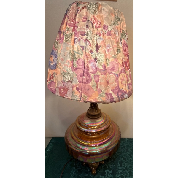 Vintage Mid-Century Iridescent Carnival Glass Table Lamp w/ Brass Base (14x28"tall)