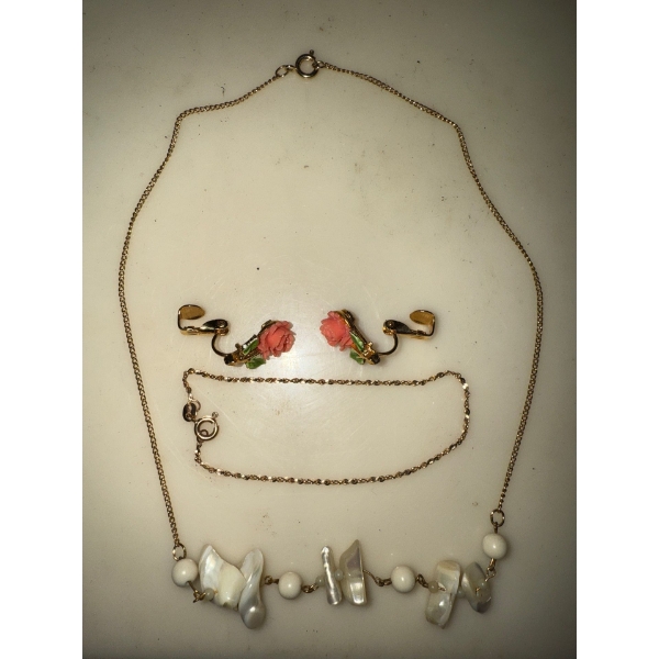 Vintage 10k Gold Bracelett & Necklace w/ Rose Floral Clip On Earrings