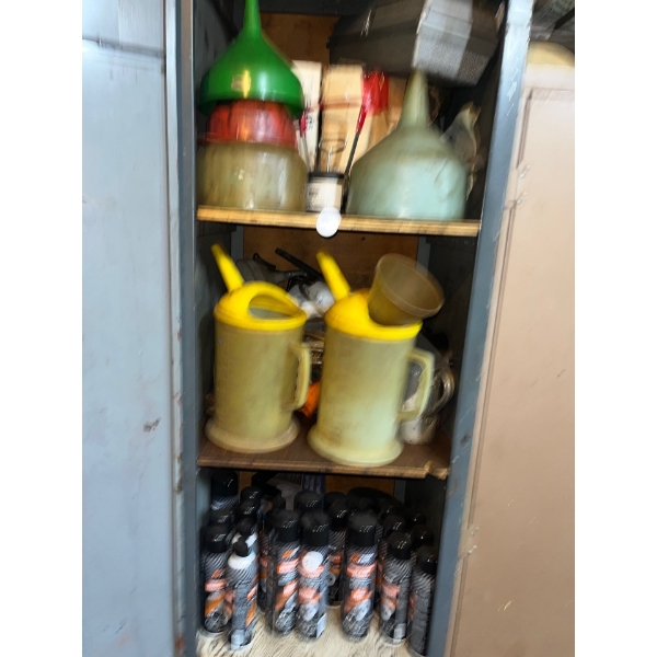 25 cans of new brake and parts cleaner, oil jugs funnels, and some miscellaneous tools. Please feel 