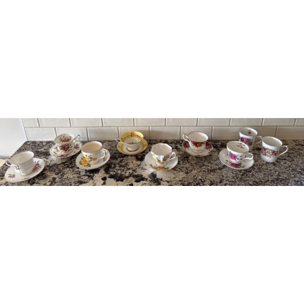 7 Pc China Teacup & Saucers + Pair of China Cups - Queens, Crown Trent, Royal Albert, Salisbury