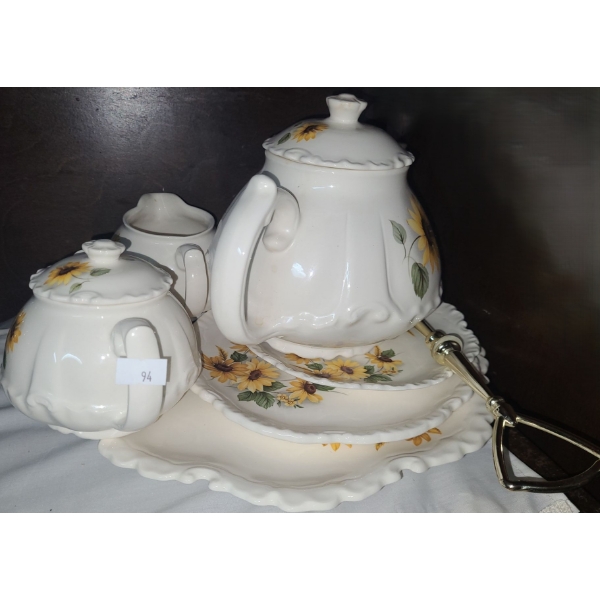 Sunflower Pattern China Teapot 7 T, 3 Tier Serving Tray and Cream/ Sugar 