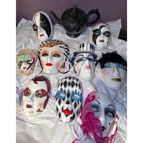 Ceramic Painted Mask Collection (1 Damaged But Repaired) w/ EP Brass Teapot 