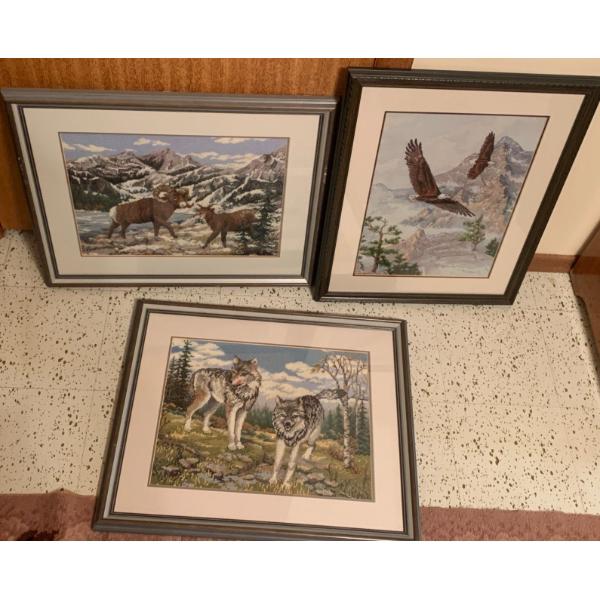 Wildlife Needlepoint Art Trio - Wolves Bald Eagles & More 24x18