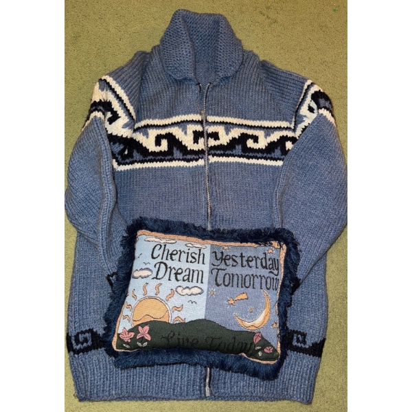 Blue Hand Knitted Wool Cardigan w/Zipper & Decorative Pillow (Size Medium)