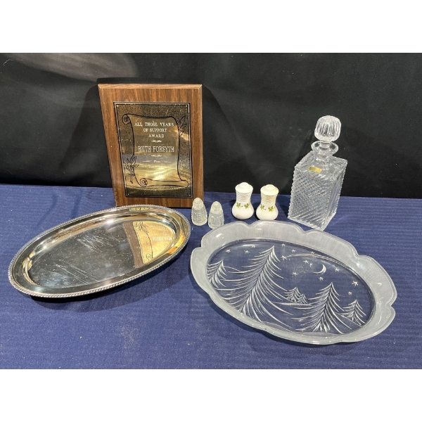 Glass and Silver Plated Serving Tray, Salt and Pepper Shakers, Plaque, Crystal Decanter