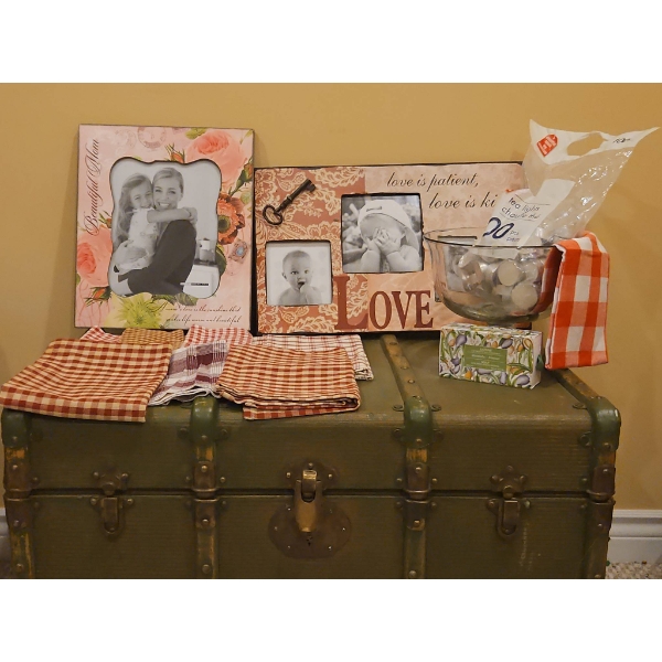 Vintage Green Metal Steamer Trunk, Frames, Glass Bowl, Soap, Tea Lights, Various Cloth