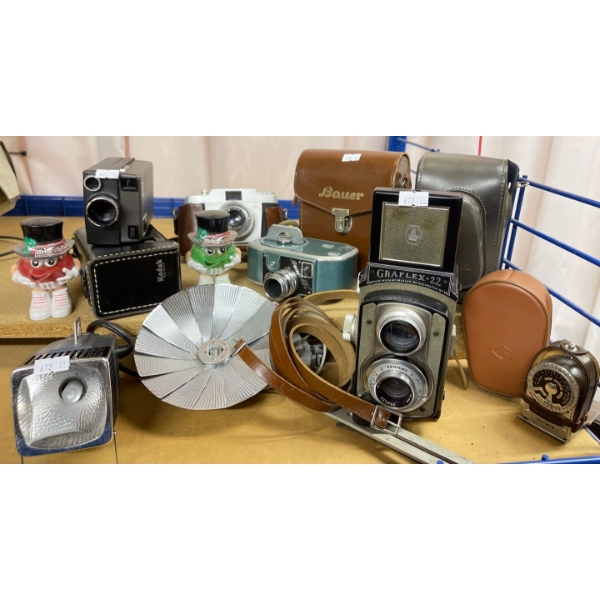 Video Camcorder Collection w/ Accessories & Travel Cases - Bauer 88C Graflex 22 Kodak Instamatic