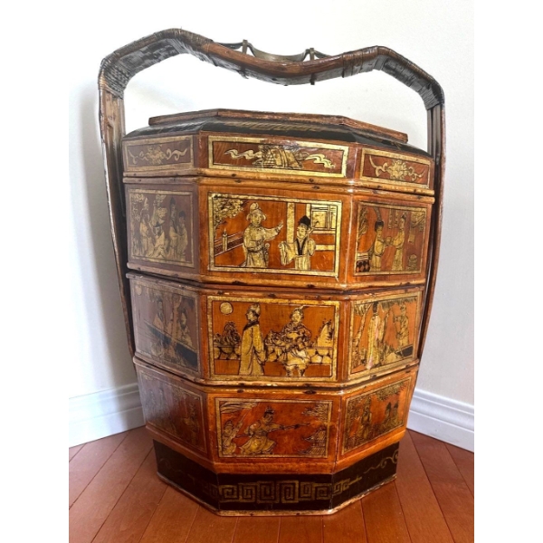 Gorgeous Antique Chinese Hand Painted, Three Tiered Wedding Basket 18x24