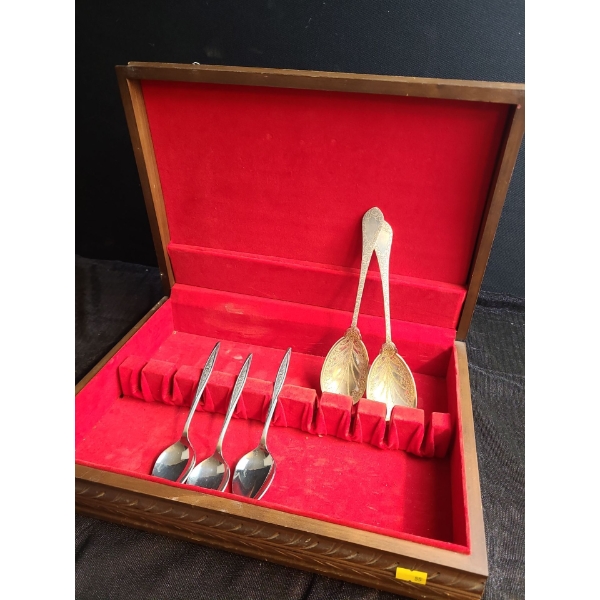 Three W M Rogers & Son Stainless Spoons, Two Serving Spoons (Tested/ Not Silver) and Box 15 X 11