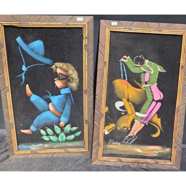 Vintage Velvet Art: Blue Cowgirl and Matador, Framed 14 X 23