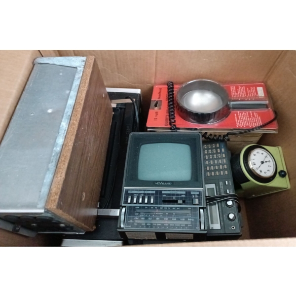 Box of Vintage Radios, TV, Reloading Scale, and More!  