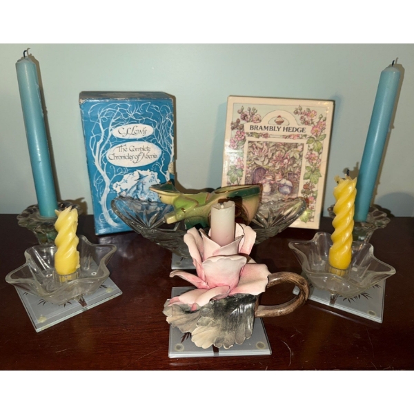 Vintage Collectibles Lead Crystal Bowl Book Bundle & Candle Assortment 
