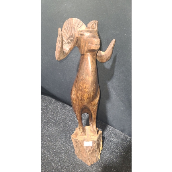 Wooden Carved Statue of Ram, Base 3.5 W, 5 D, 15 T